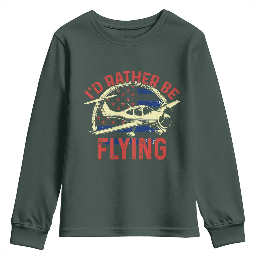 Funny Airplane Pilot Youth Sweatshirt I'd Rather Be Flying TS14 Dark Forest Green Print Your Wear