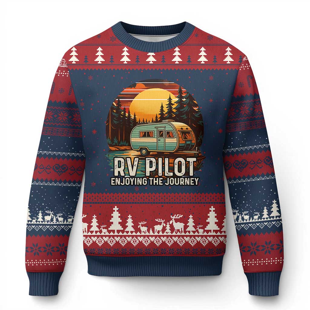 RV Pilot Enjoying The Journey Ugly Christmas Sweater Funny Camping Lover TS14 Navy Red Print Your Wear