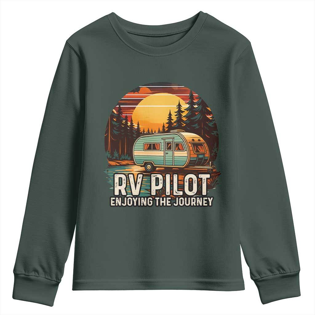 RV Pilot Enjoying The Journey Youth Sweatshirt Funny Camping Lover TS14 Dark Forest Green Print Your Wear