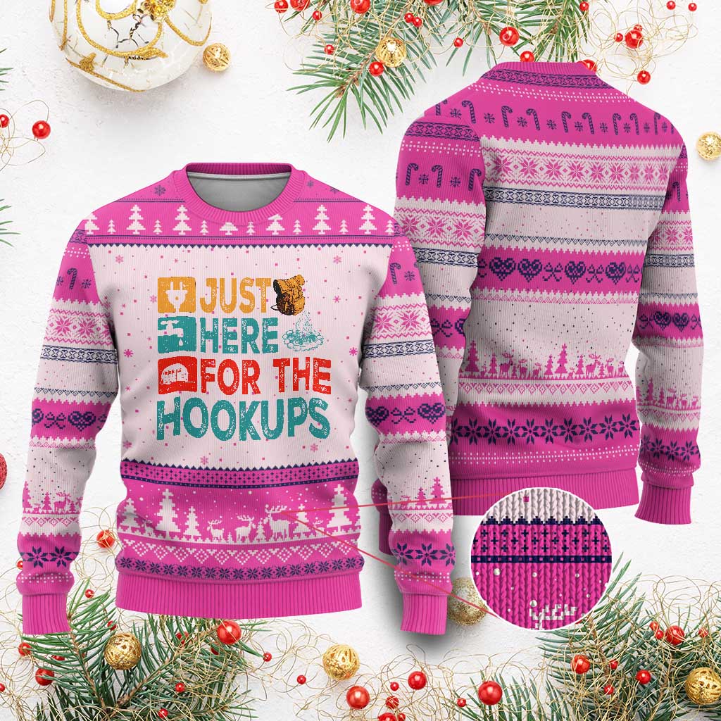 RV Camping Caravan Motorhome Ugly Christmas Sweater Just Here For The Hookups TS14 Hot Pink Print Your Wear