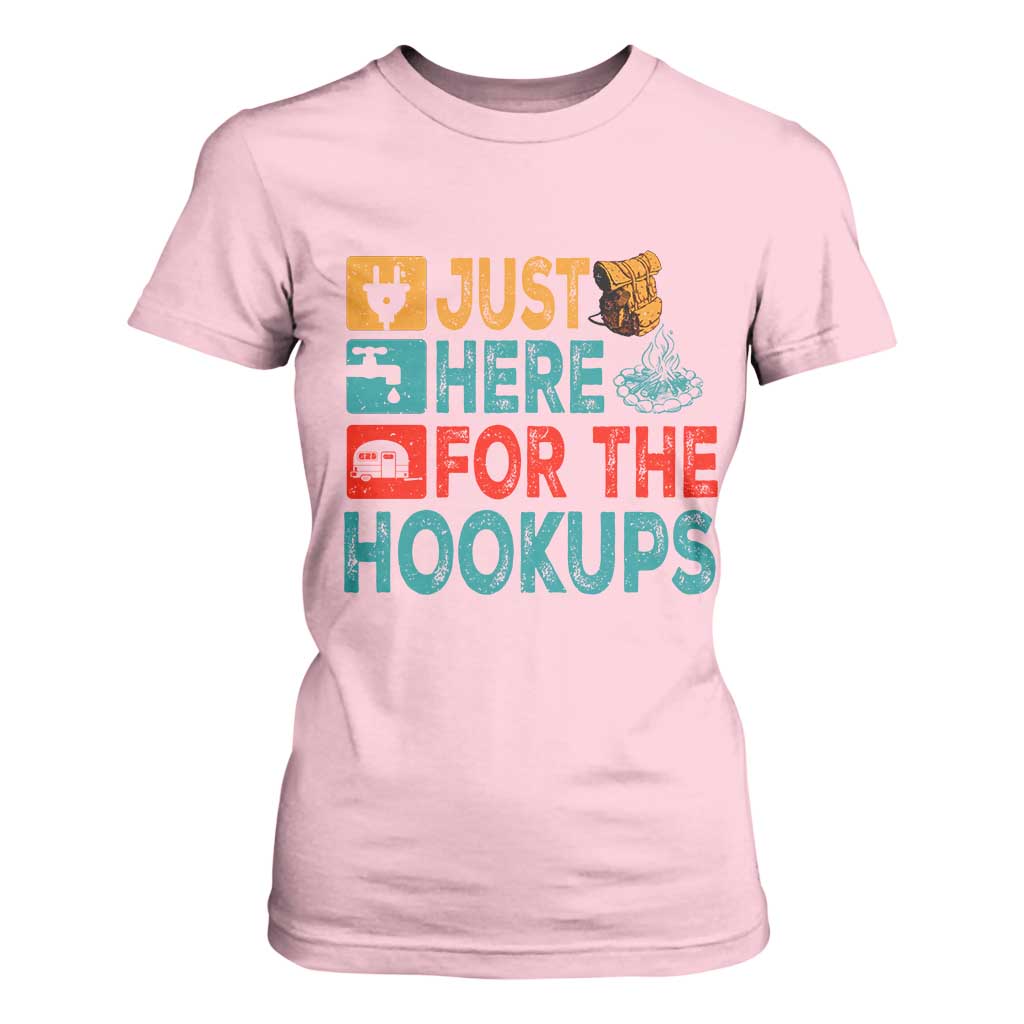 RV Camping Caravan Motorhome T Shirt For Women Just Here For The Hookups TS14 Light Pink Print Your Wear