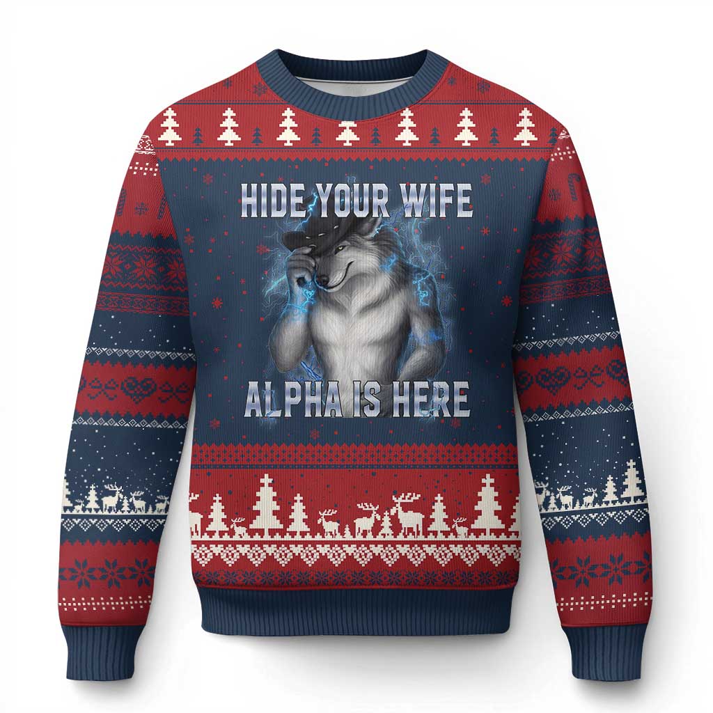 Hide Your Wife The Alpha Is Here Ugly Christmas Sweater Funny Sarcastic Cringe Werewolf Meme TS14 Navy Red Print Your Wear