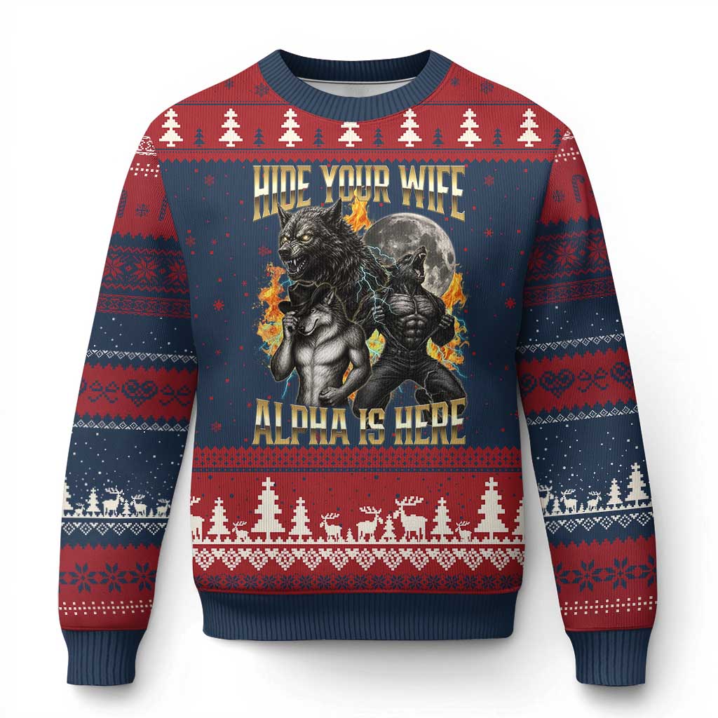Hide Your Wife The Alpha is Here Ugly Christmas Sweater Cringe Werewolf Alpha Meme Humor TS14 Navy Red Print Your Wear