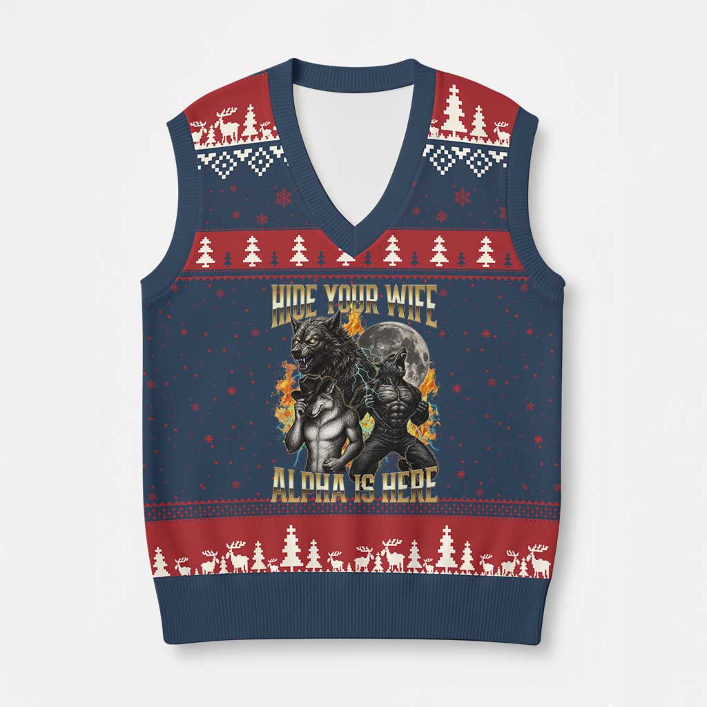 Hide Your Wife The Alpha is Here V-Neck Knit Sweater Vest Cringe Werewolf Alpha Meme Humor TS14 Navy Red Print Your Wear
