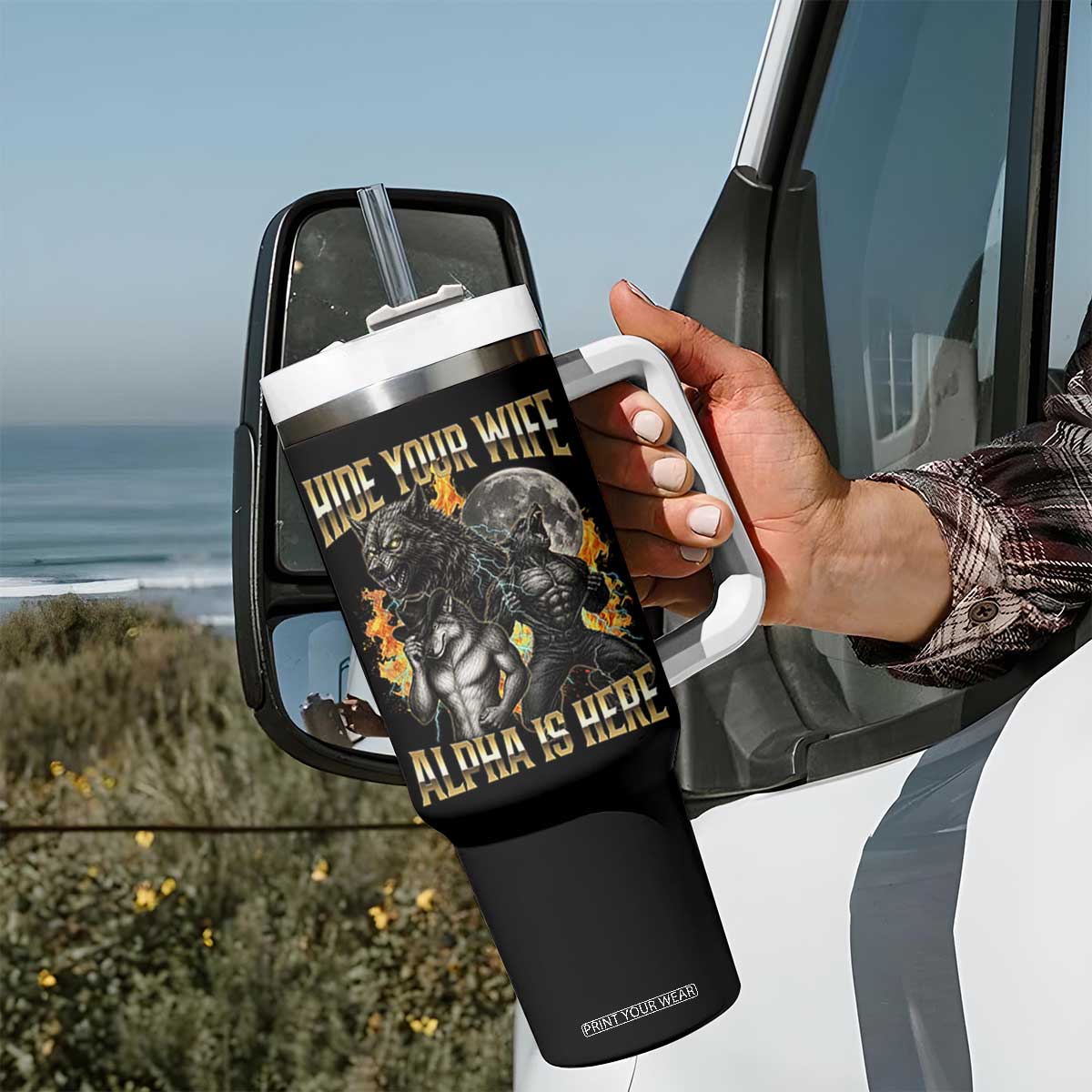 Hide Your Wife The Alpha is Here Tumbler With Handle Cringe Werewolf Alpha Meme Humor TS14 Print Your Wear