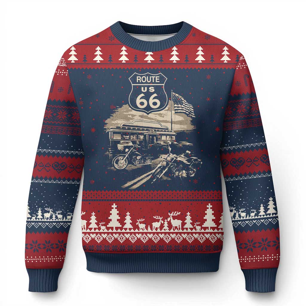 Route Highway 66 100 Year Centennial Motorcycle Americana Road Sign Ugly Christmas Sweater TS14 Navy Red Print Your Wear