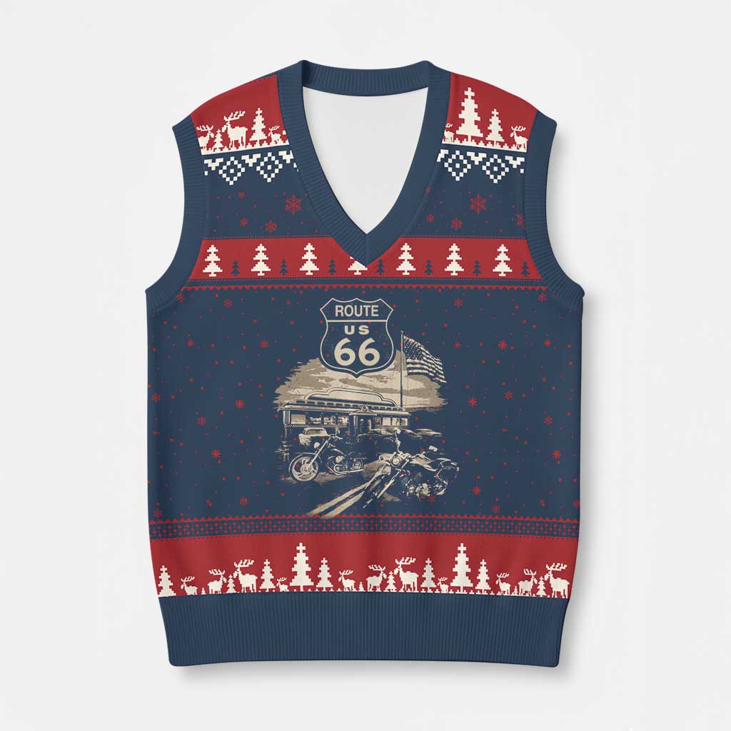Route Highway 66 100 Year Centennial Motorcycle Americana Road Sign V-Neck Knit Sweater Vest TS14 Navy Red Print Your Wear