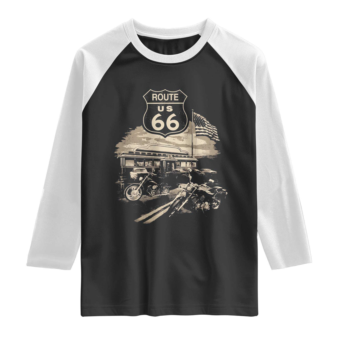 Route Highway 66 100 Year Centennial Motorcycle Americana Road Sign Raglan Shirt TS14 Black White Print Your Wear