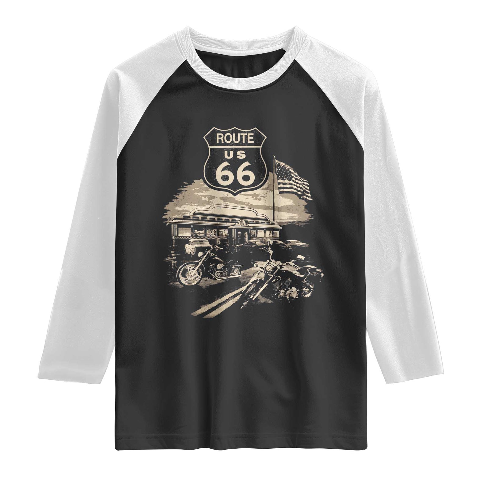 Route Highway 66 100 Year Centennial Motorcycle Americana Road Sign Raglan Shirt TS14 Black White Print Your Wear