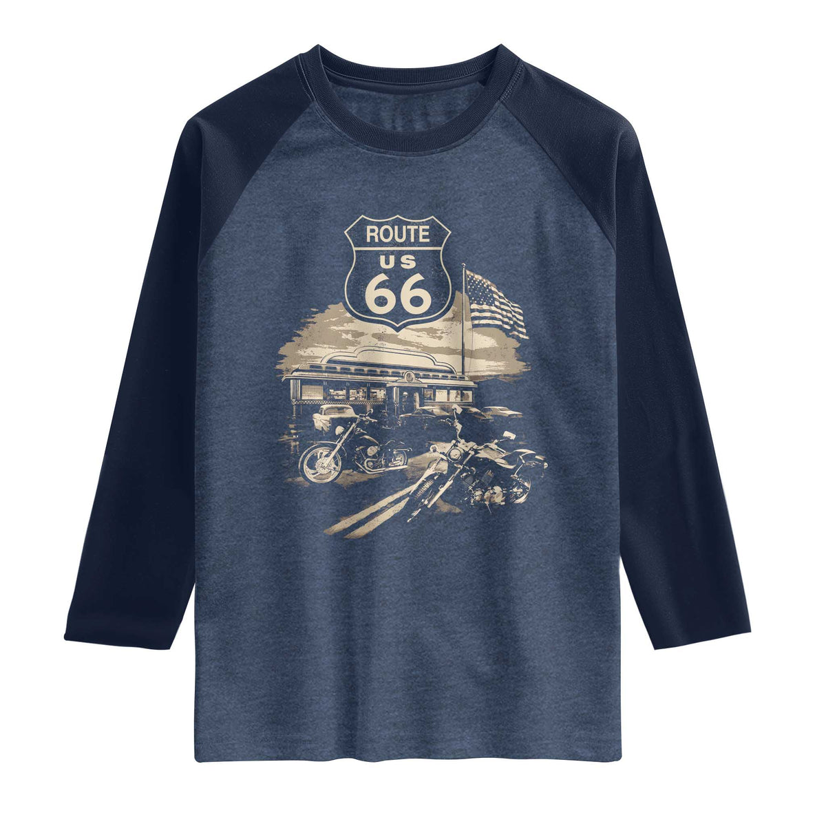 Route Highway 66 100 Year Centennial Motorcycle Americana Road Sign Raglan Shirt TS14 Heather Denim Navy Print Your Wear