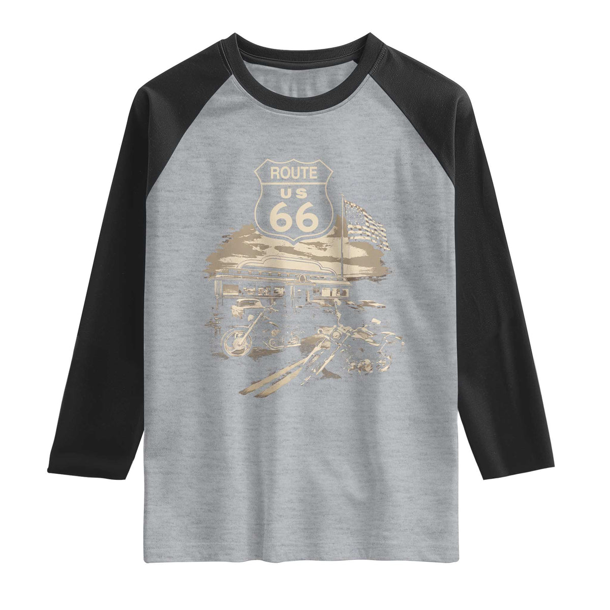 Route Highway 66 100 Year Centennial Motorcycle Americana Road Sign Raglan Shirt TS14 Heather Gray Black Print Your Wear