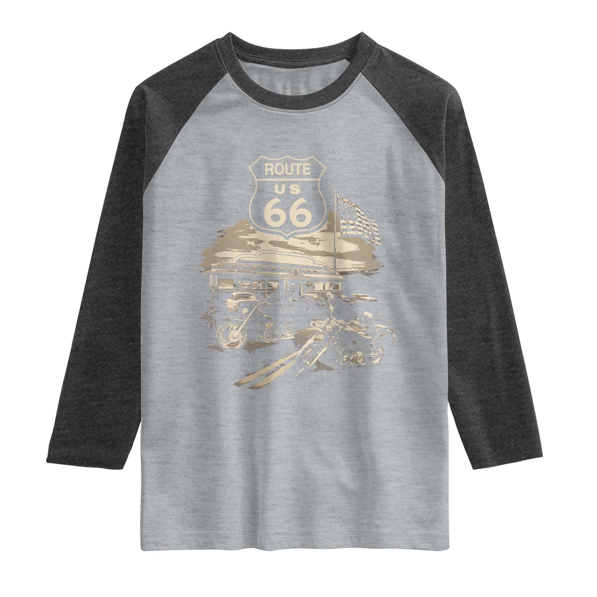 Route Highway 66 100 Year Centennial Motorcycle Americana Road Sign Raglan Shirt TS14 Heather Gray Heather Charcoal Print Your Wear
