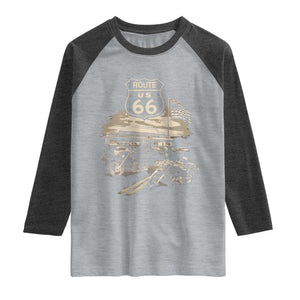Route Highway 66 100 Year Centennial Motorcycle Americana Road Sign Raglan Shirt TS14 Heather Gray Heather Charcoal Print Your Wear