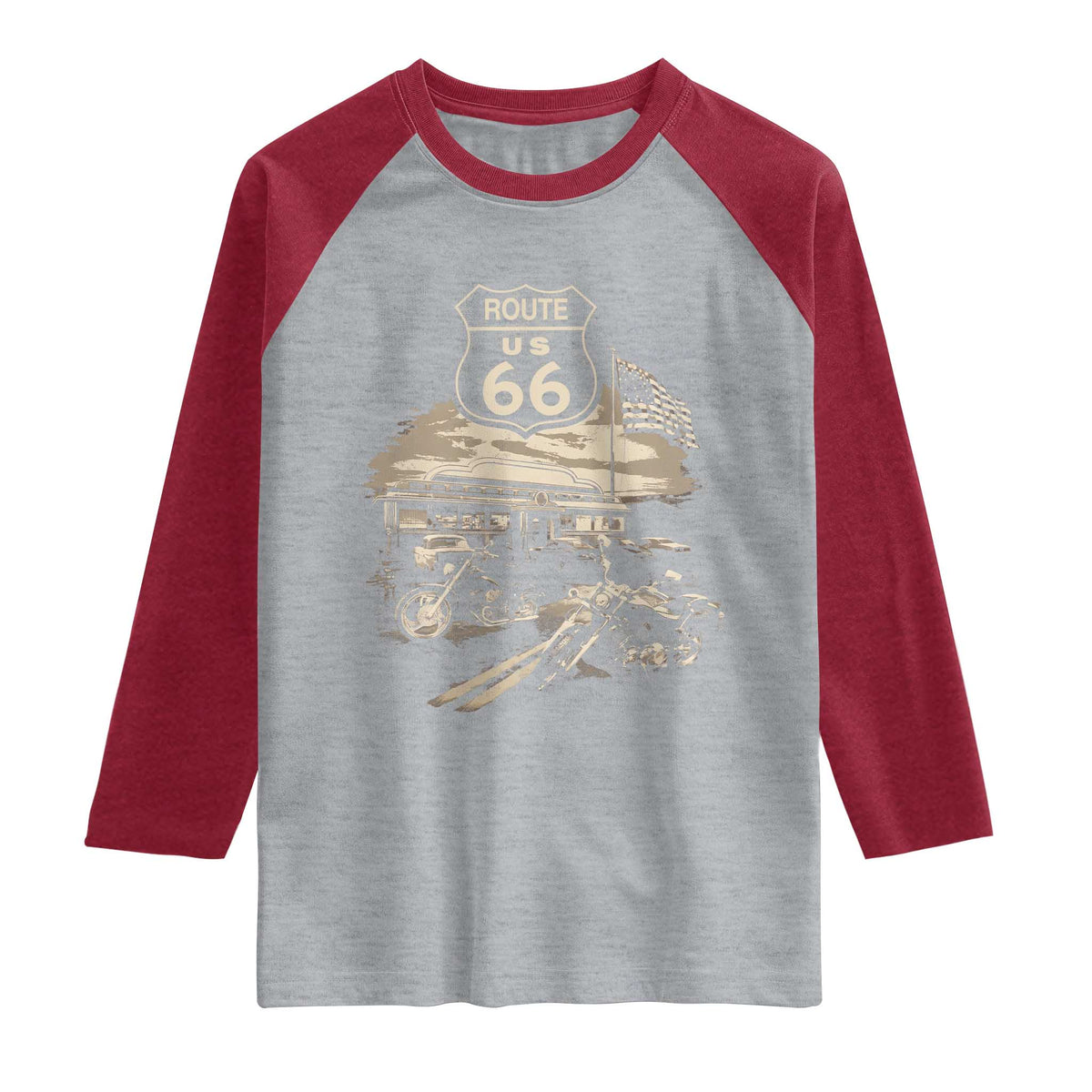 Route Highway 66 100 Year Centennial Motorcycle Americana Road Sign Raglan Shirt TS14 Heather Gray Heather Red Print Your Wear