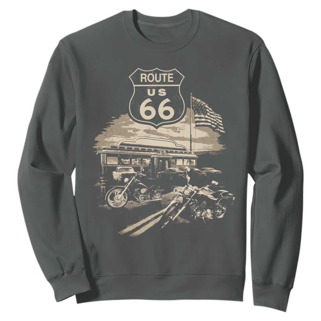 Route Highway 66 100 Year Centennial Motorcycle Americana Road Sign Sweatshirt TS14 Dark Heather Print Your Wear