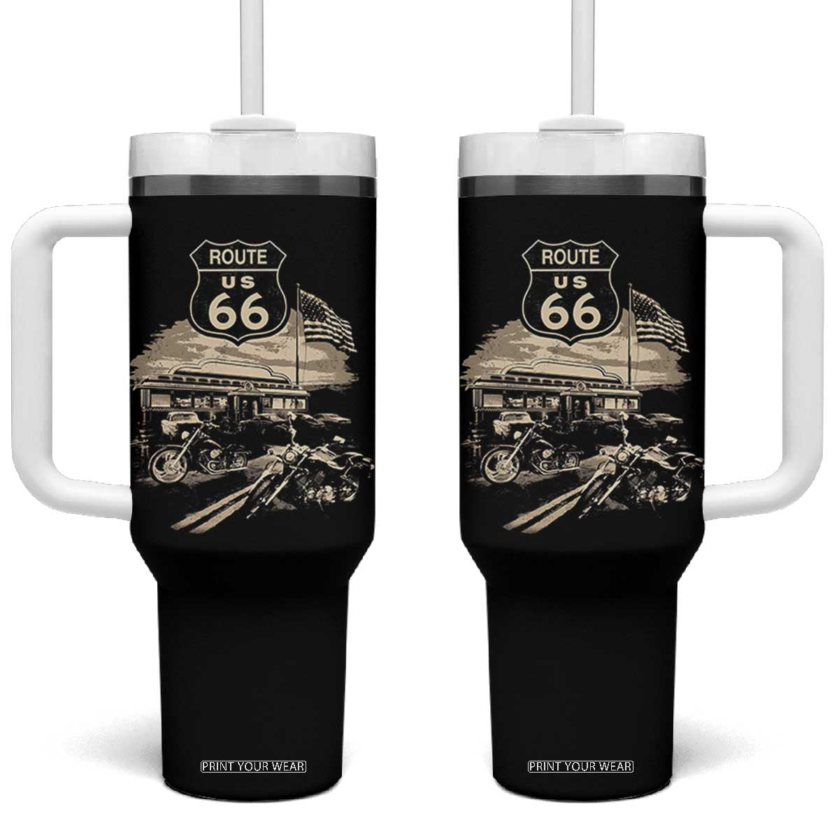 Route Highway 66 100 Year Centennial Motorcycle Americana Road Sign Tumbler With Handle TS14 One Size: 40 oz Black Print Your Wear