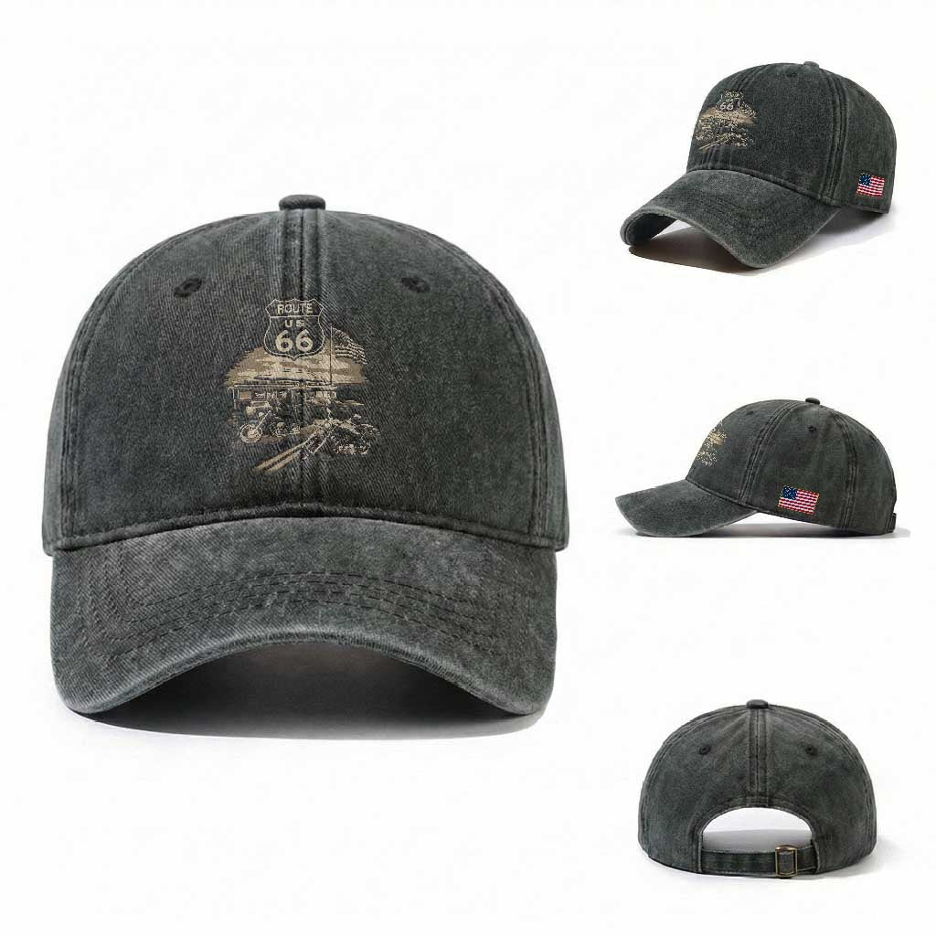 Route Highway 66 100 Year Centennial Motorcycle Americana Road Sign Washed Cotton Baseball Cap TS14 Washed Cap Universal Fit Dark Green Print Your Wear