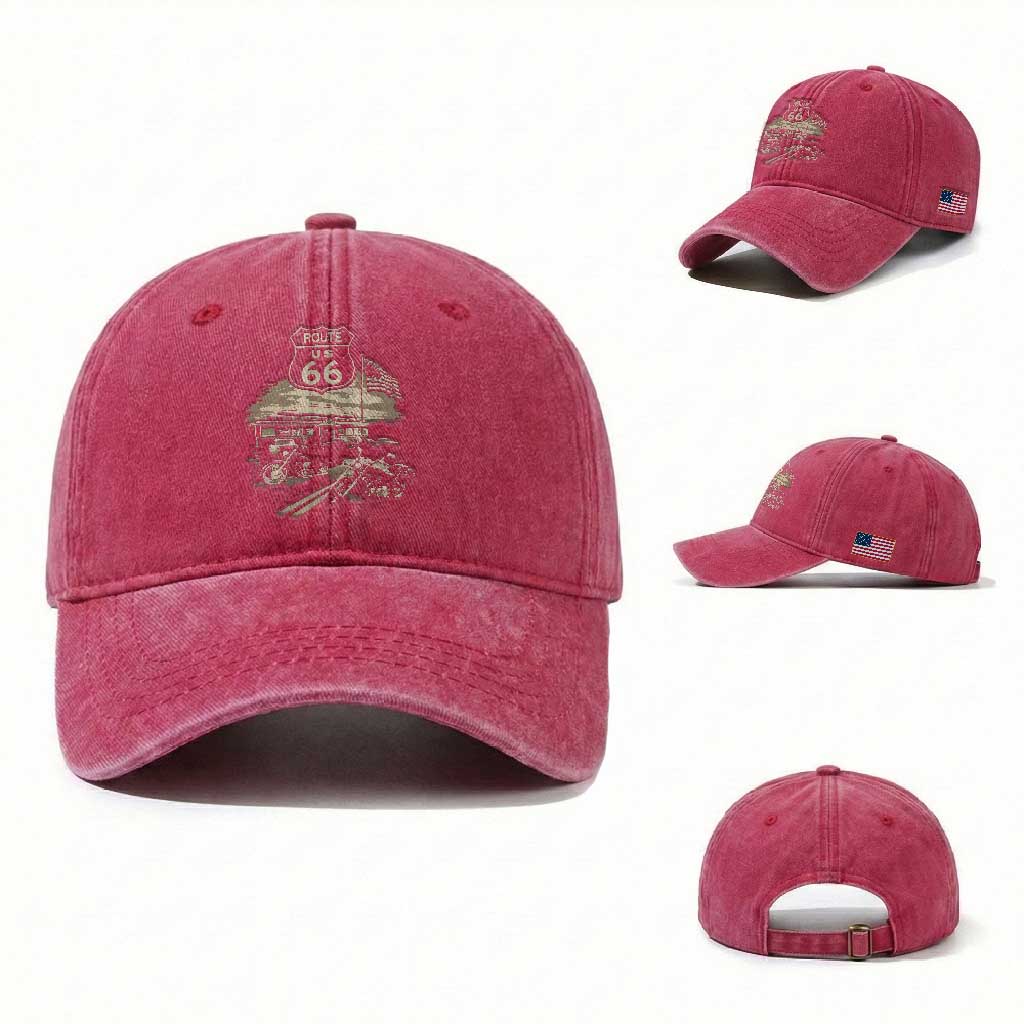 Route Highway 66 100 Year Centennial Motorcycle Americana Road Sign Washed Cotton Baseball Cap TS14 Washed Cap Universal Fit Red Print Your Wear