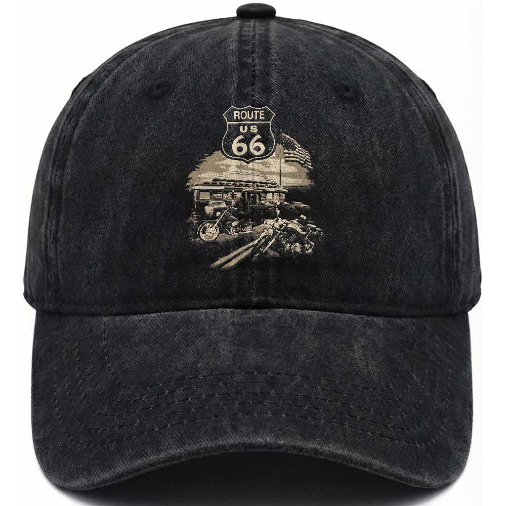 Route Highway 66 100 Year Centennial Motorcycle Americana Road Sign Washed Cotton Baseball Cap TS14 Print Your Wear