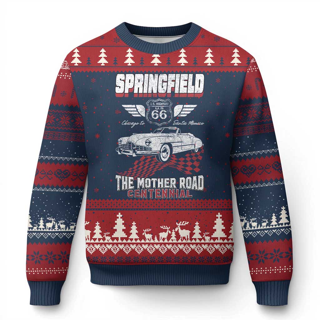 Springfield Missouri US Highway 66 Centennial Keepsake Ugly Christmas Sweater Vintage 1950 Classic American Car Convertible TS14 Navy Red Print Your Wear