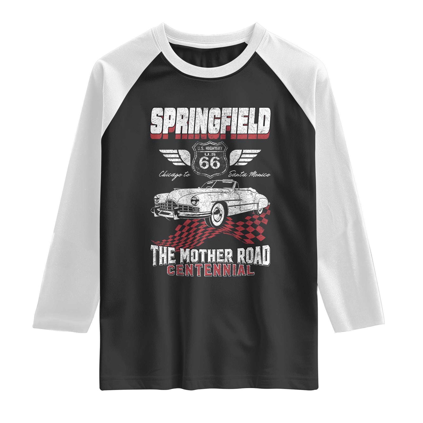 Springfield Missouri US Highway 66 Centennial Keepsake Raglan Shirt Vintage 1950 Classic American Car Convertible TS14 Black White Print Your Wear