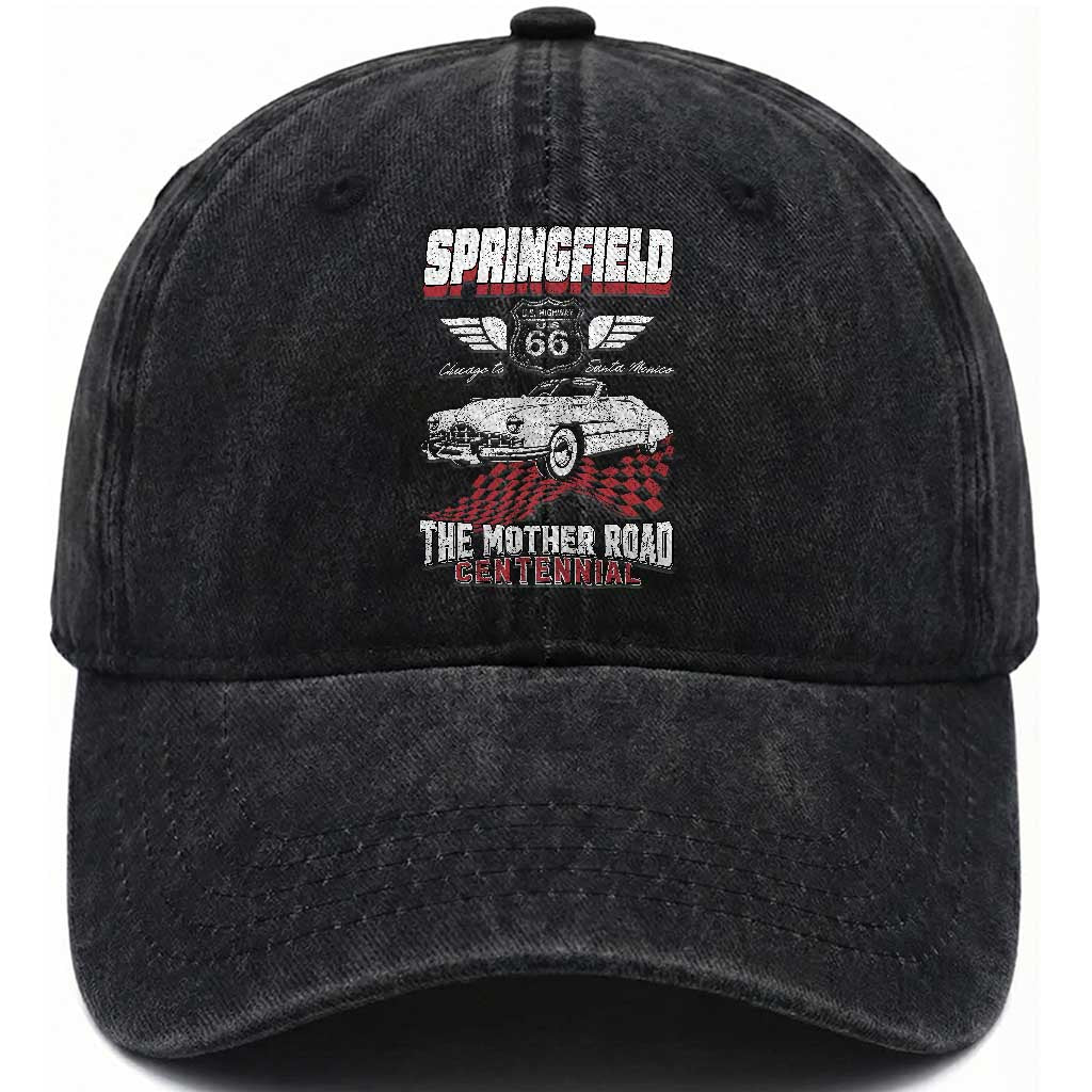 Springfield Missouri US Highway 66 Centennial Keepsake Washed Cotton Baseball Cap Vintage 1950 Classic American Car Convertible TS14 Print Your Wear