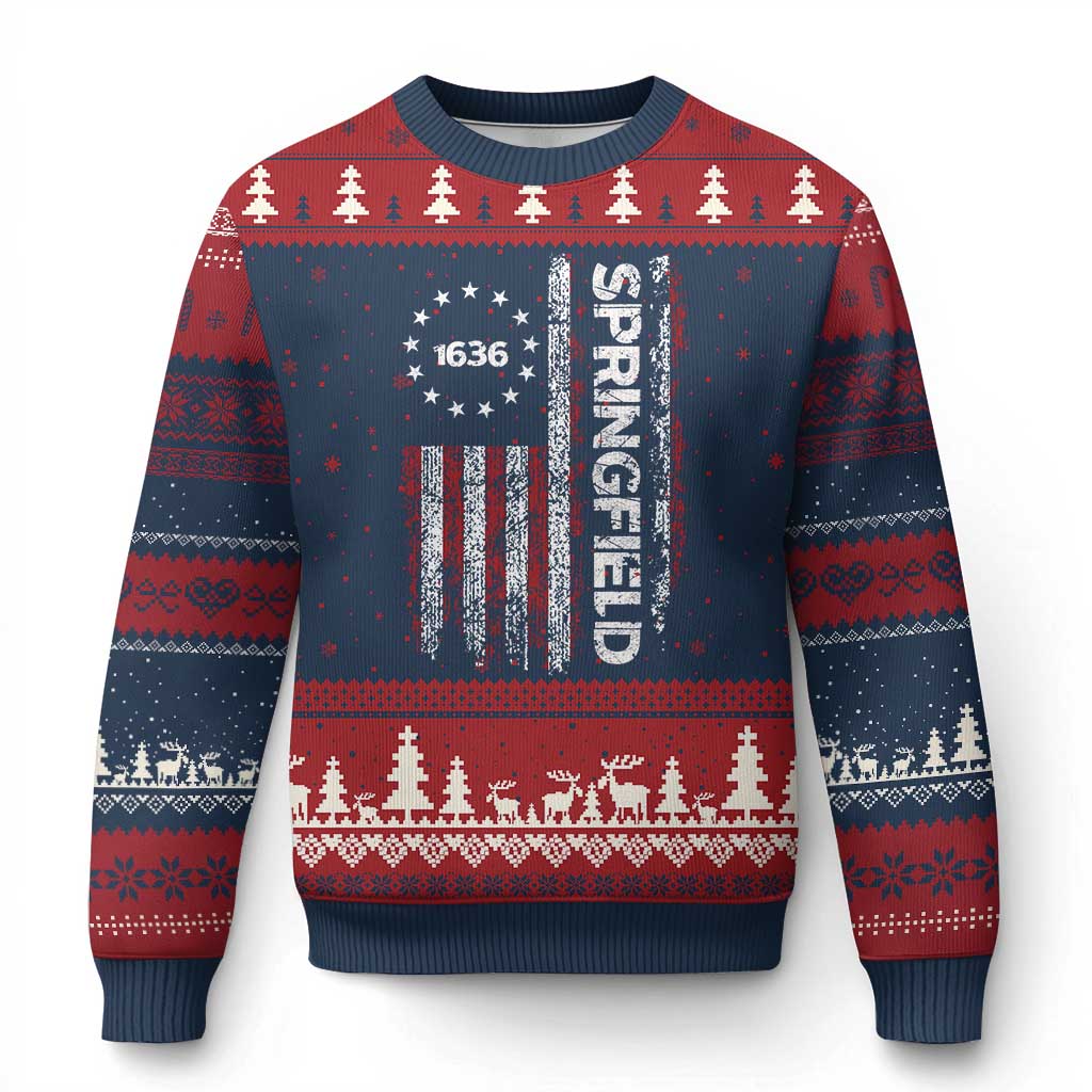 Springfield Massachusetts American Flag Established 1636 Ugly Christmas Sweater TS14 Navy Red Print Your Wear