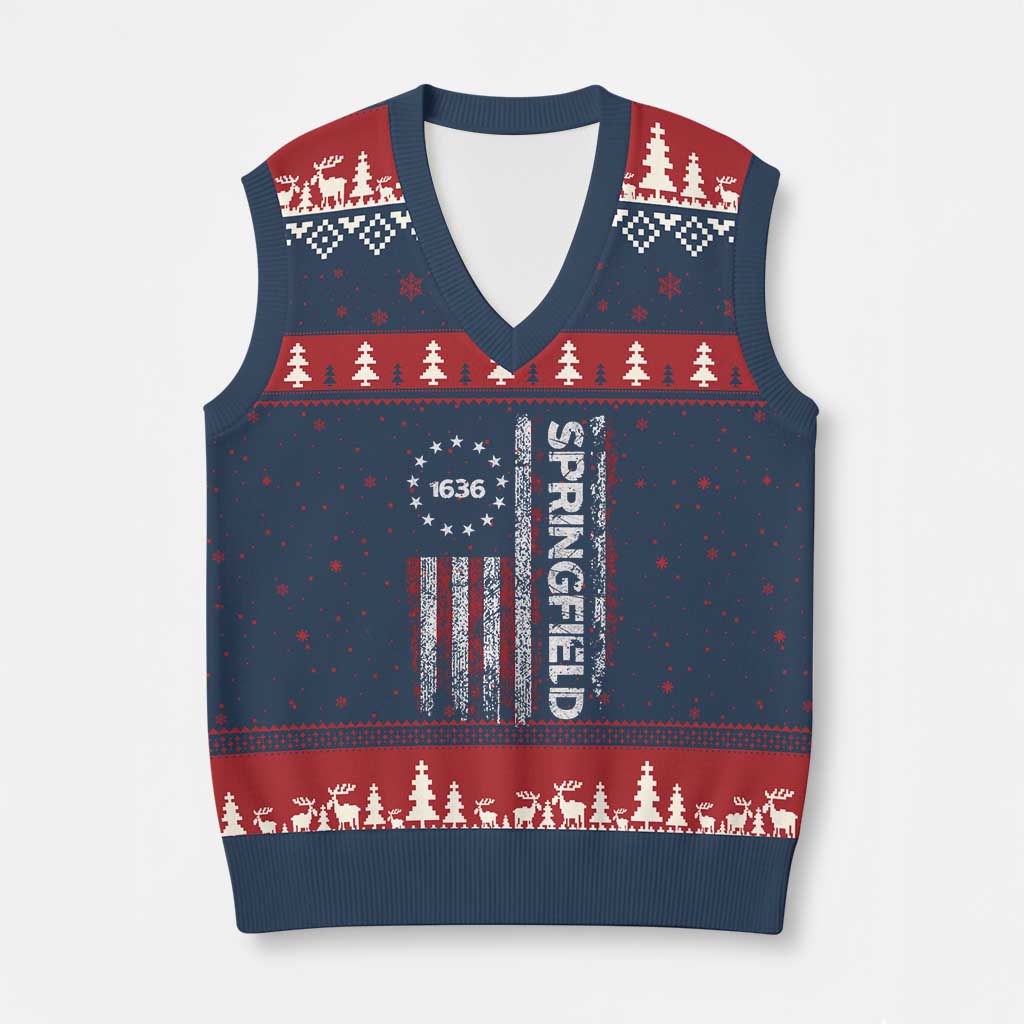 Springfield Massachusetts American Flag Established 1636 V-Neck Knit Sweater Vest TS14 Navy Red Print Your Wear