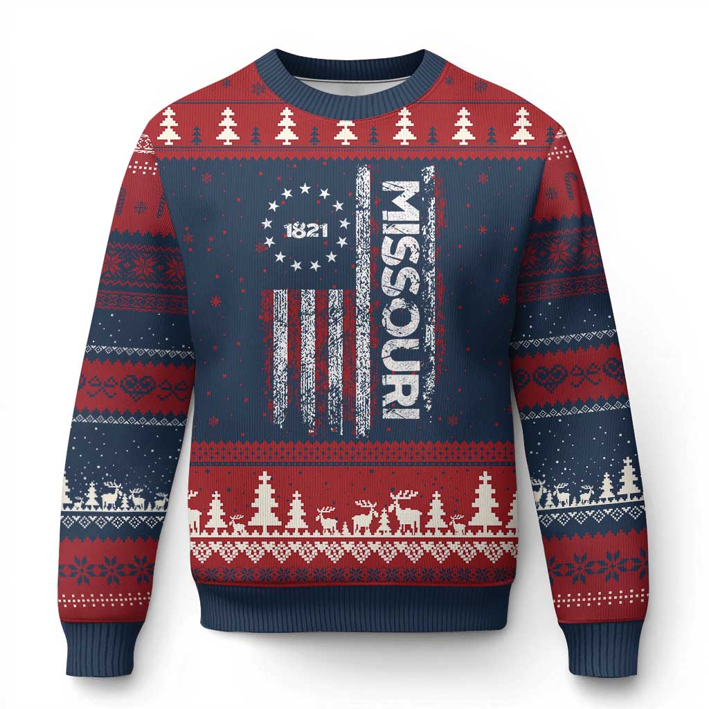 Missouri Missourian MO American Flag Established 1821 Ugly Christmas Sweater TS14 Navy Red Print Your Wear