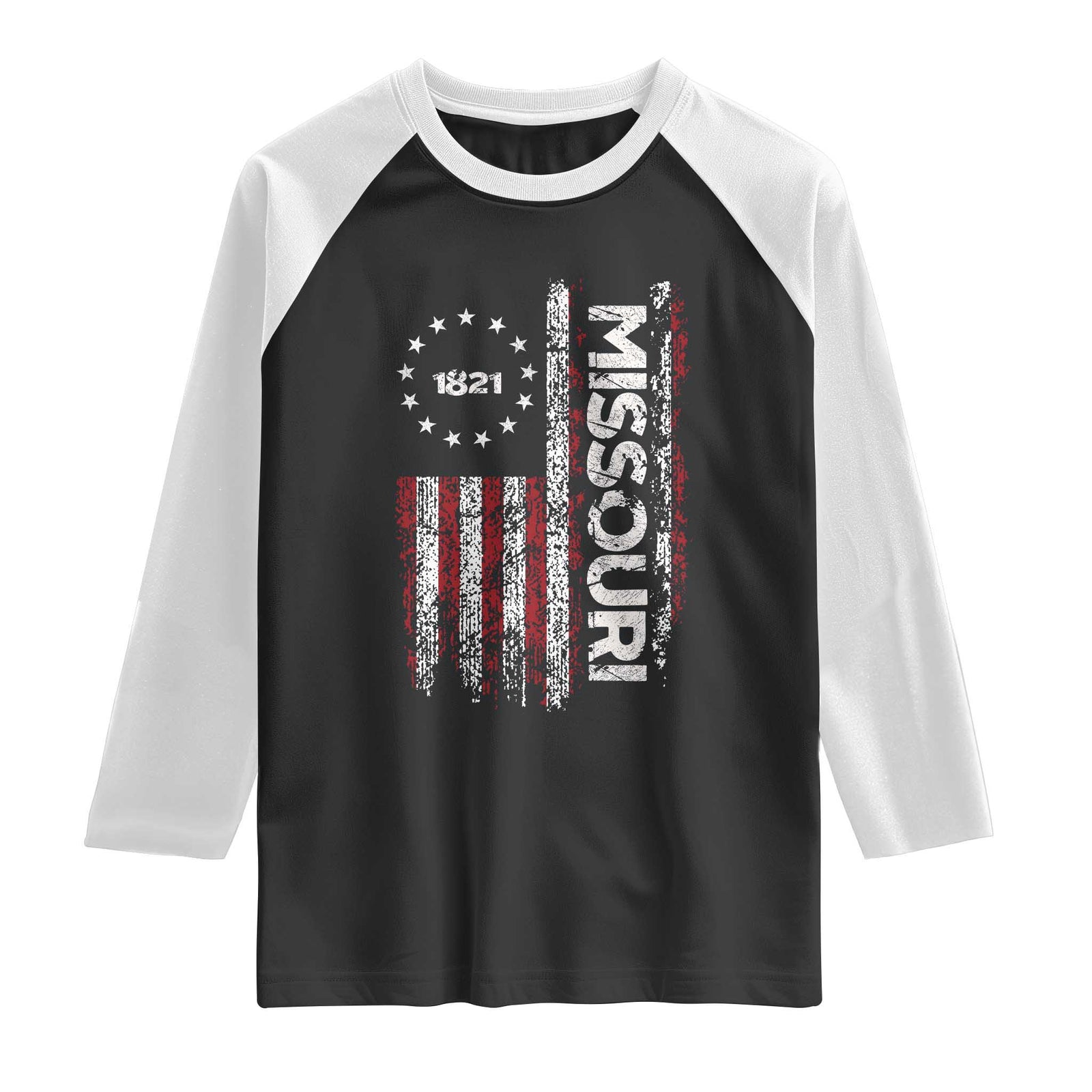 Missouri Missourian MO American Flag Established 1821 Raglan Shirt TS14 Black White Print Your Wear
