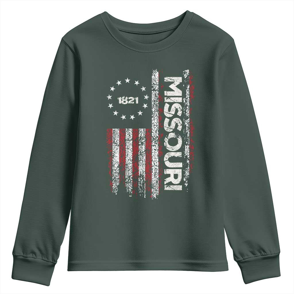 Missouri Missourian MO American Flag Established 1821 Youth Sweatshirt TS14 Dark Forest Green Print Your Wear