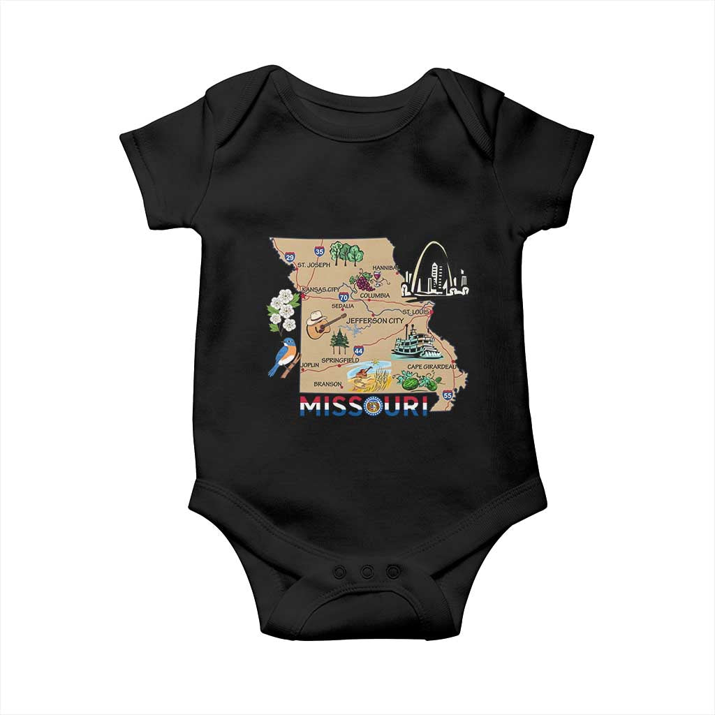 Missouri Map Landmarks Major Cities Roads Flag Baby Onesie TS14 Black Print Your Wear