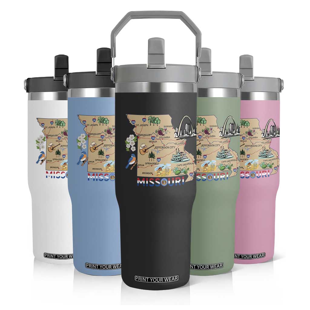 Missouri Map Landmarks Major Cities Roads Flag Flip Straw Tumbler