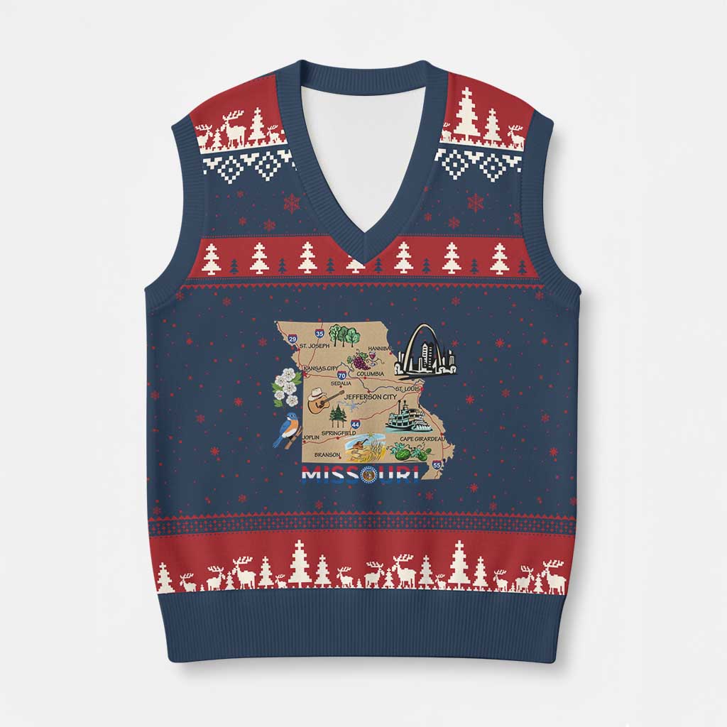 Missouri Map Landmarks Major Cities Roads Flag V-Neck Knit Sweater Vest TS14 Navy Red Print Your Wear
