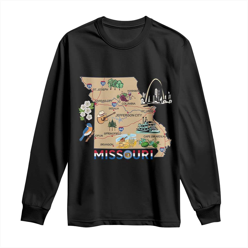 Missouri Map Landmarks Major Cities Roads Flag Long Sleeve Shirt TS14 Black Print Your Wear