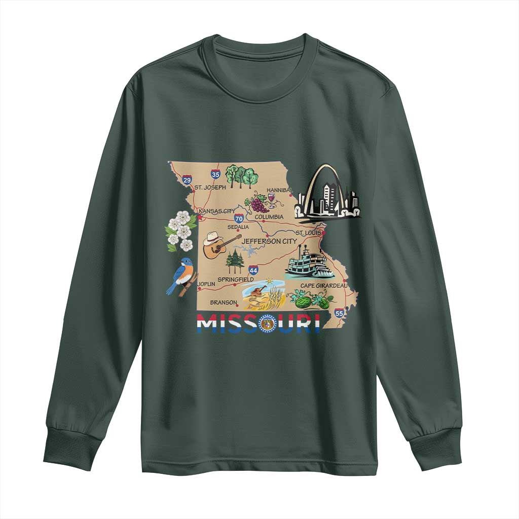 Missouri Map Landmarks Major Cities Roads Flag Long Sleeve Shirt