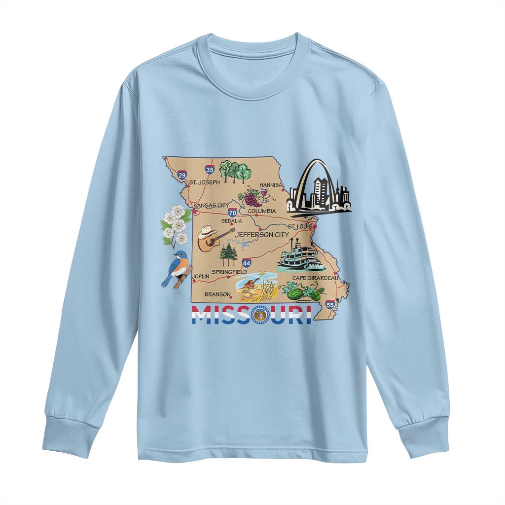 Missouri Map Landmarks Major Cities Roads Flag Long Sleeve Shirt