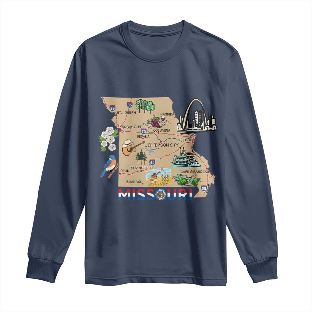 Missouri Map Landmarks Major Cities Roads Flag Long Sleeve Shirt