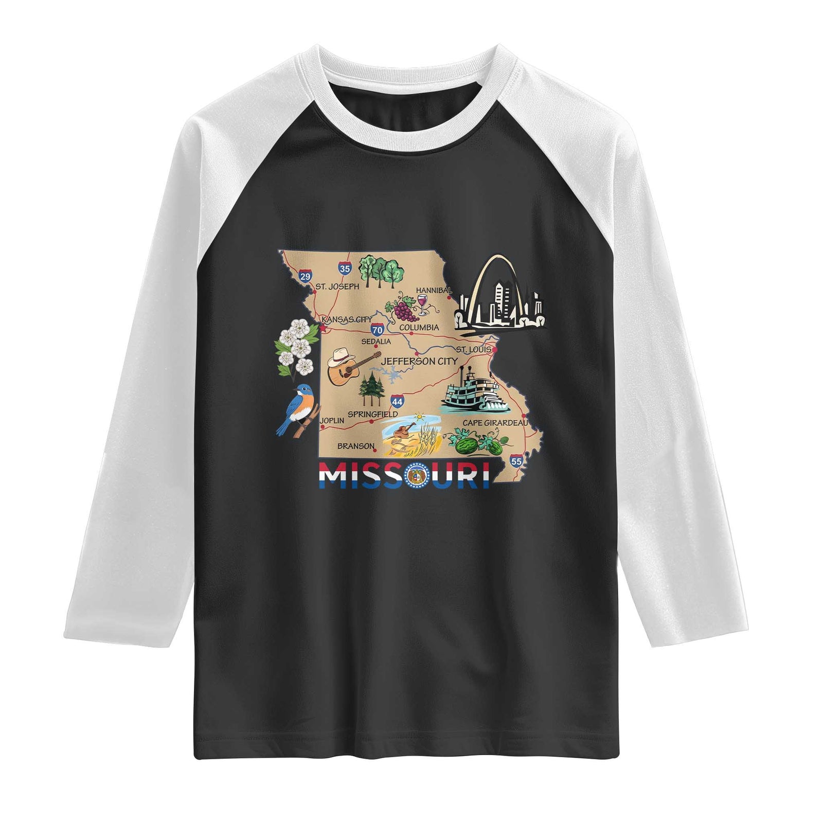 Missouri Map Landmarks Major Cities Roads Flag Raglan Shirt TS14 Black White Print Your Wear