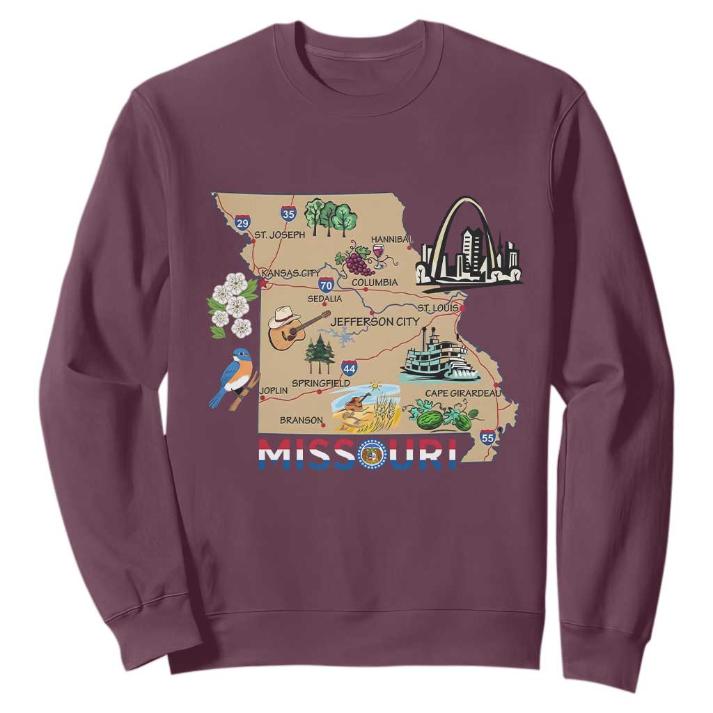 Missouri Map Landmarks Major Cities Roads Flag Sweatshirt