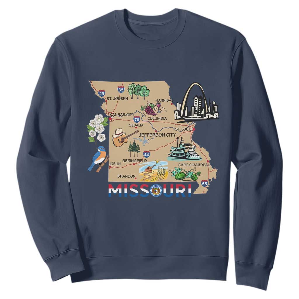 Missouri Map Landmarks Major Cities Roads Flag Sweatshirt