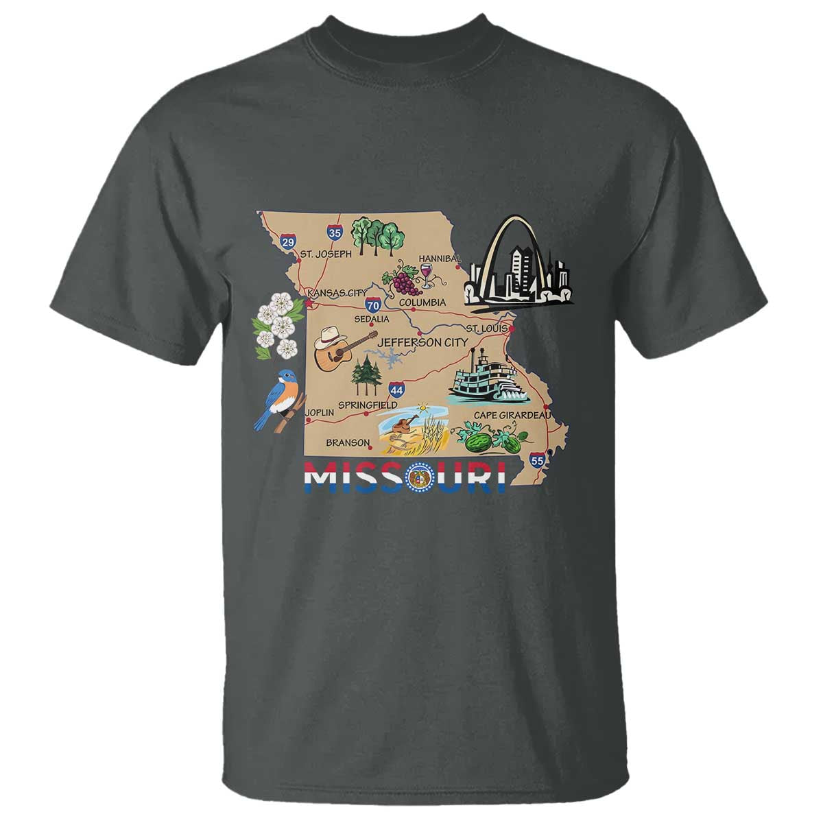 Missouri Map Landmarks Major Cities Roads Flag T Shirt