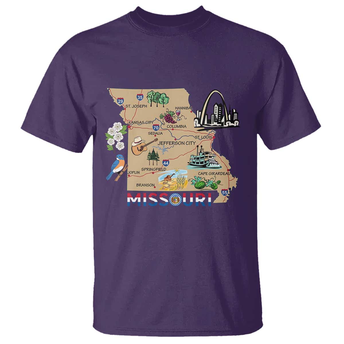 Missouri Map Landmarks Major Cities Roads Flag T Shirt