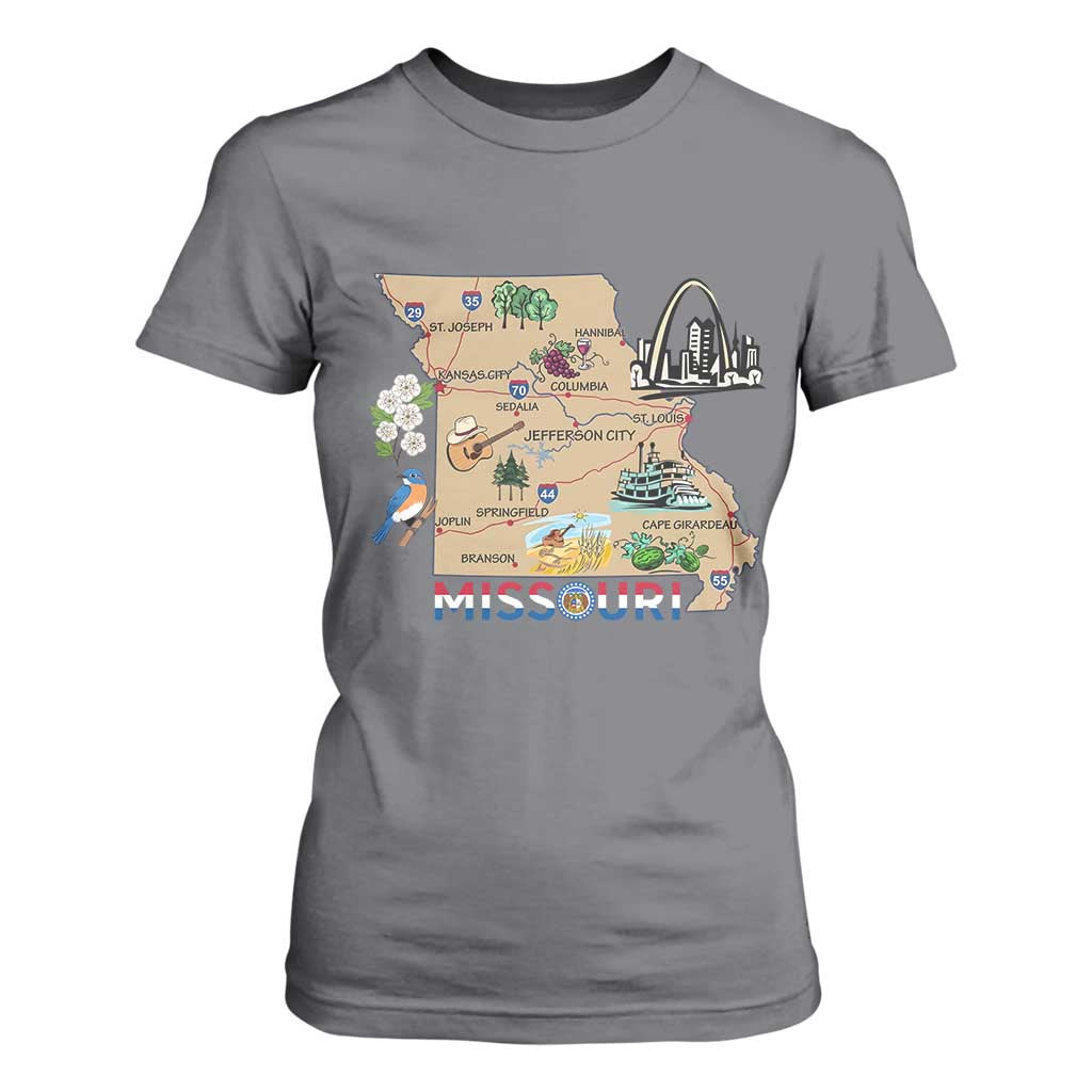 Missouri Map Landmarks Major Cities Roads Flag T Shirt For Women
