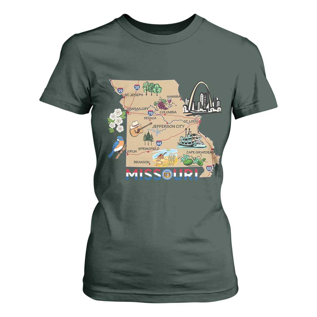 Missouri Map Landmarks Major Cities Roads Flag T Shirt For Women