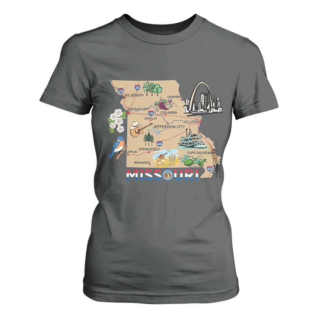 Missouri Map Landmarks Major Cities Roads Flag T Shirt For Women
