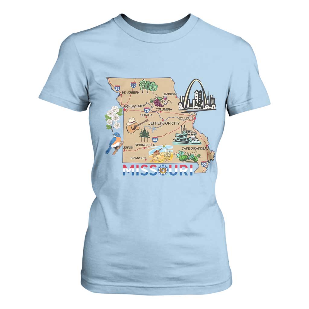 Missouri Map Landmarks Major Cities Roads Flag T Shirt For Women