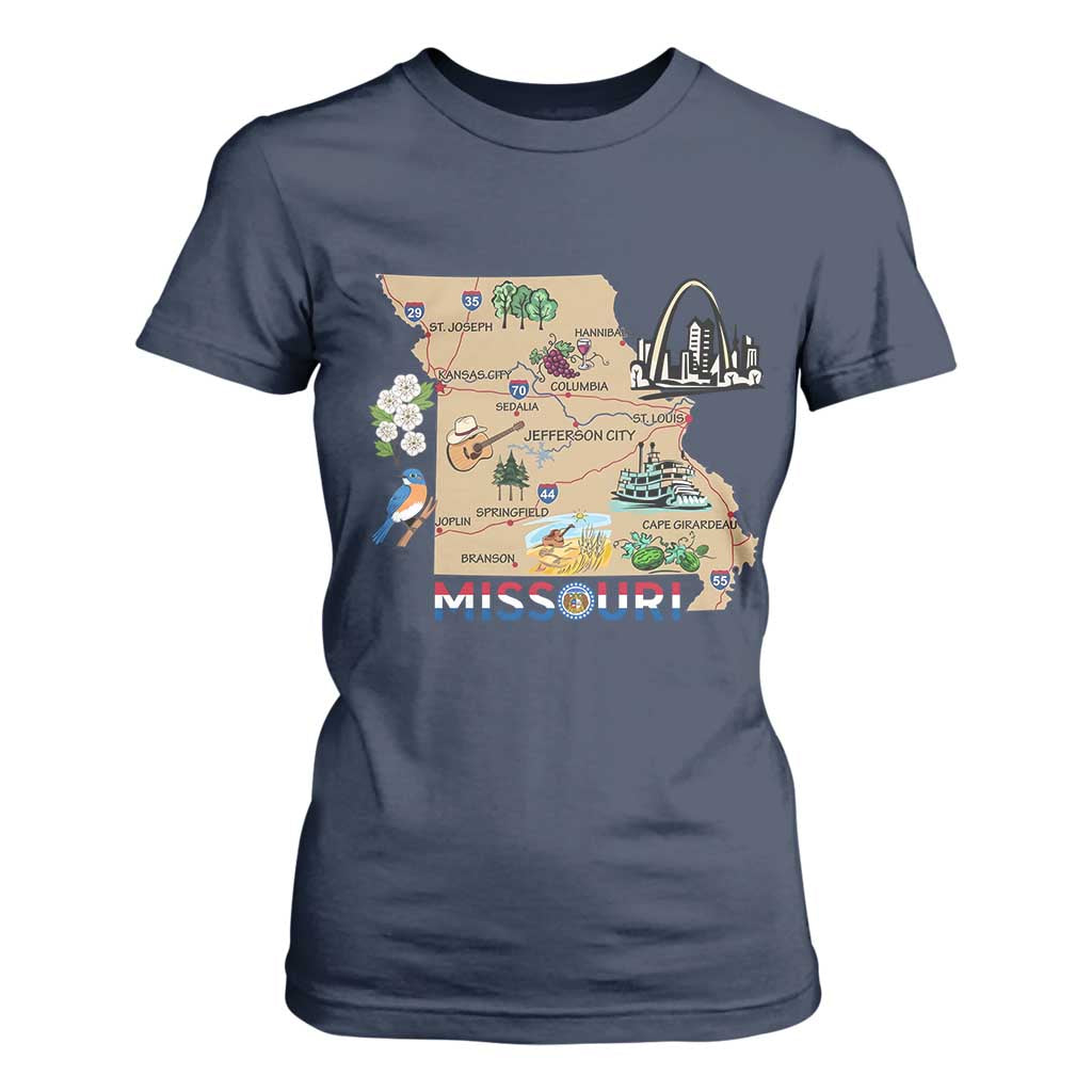 Missouri Map Landmarks Major Cities Roads Flag T Shirt For Women