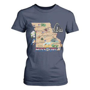 Missouri Map Landmarks Major Cities Roads Flag T Shirt For Women