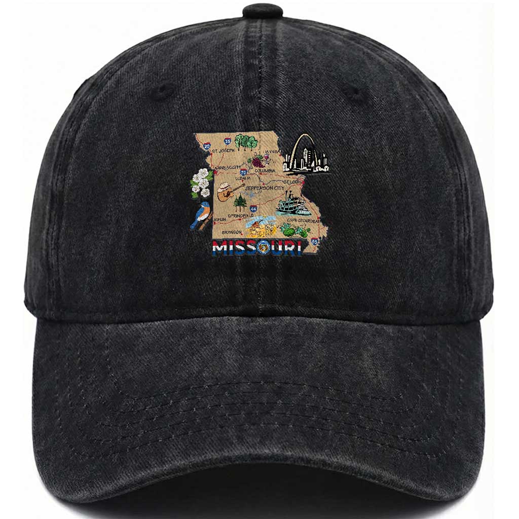 Missouri Map Landmarks Major Cities Roads Flag Washed Cotton Baseball Cap TS14 Print Your Wear
